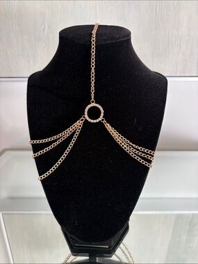 Halo Head Piece Gold Layered Chain Body Harness with Crystal Circle